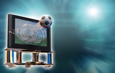 soccer ball flies out from the TV 3d render