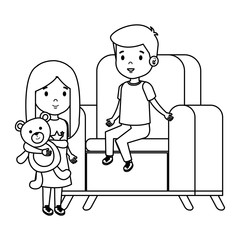 little kids couple sitting in sofa with bear teddy
