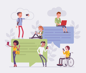 Naklejka premium Chatting and young friends communication with smartphone. Group of diverse people exchange messages online, sending photo over internet, giant speech bubble and cloud symbol. Vector illustration