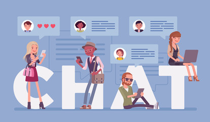 Chat letters and young friends communication with smartphone and laptop. Group of diverse people take part in a discussion, exchange messages online, sending photo over internet. Vector illustration