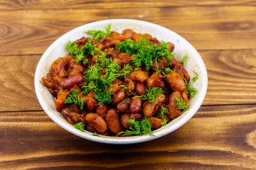 Traditional georgian kidney beans dish lobio on wooden table