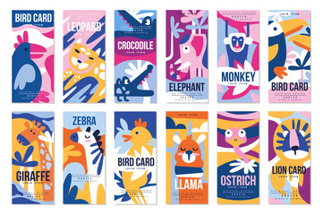 Birds and animals poster set, design element with peacock, flamingo, bull, giraffe, zebra, leopard, crocodile can be used for banner, greeting card, birthday party, invitation vector Illustration