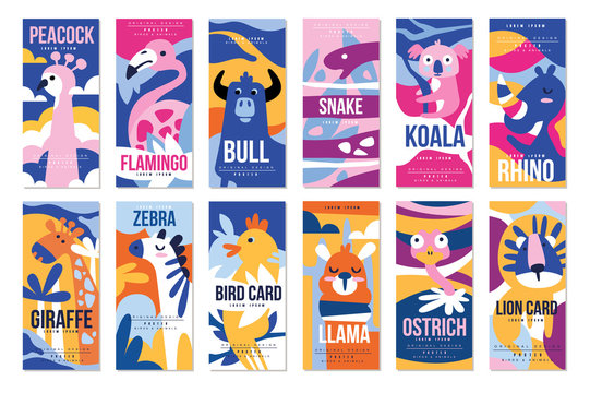 Birds and animals poster set, design element with peacock, flamingo, bull, giraffe, zebra, leopard, crocodile can be used for banner, greeting card, birthday party, invitation vector Illustration
