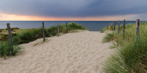 Pathway on a sand dune next to ocean at sunset