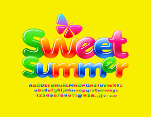 Vector colorful glossy banner Sweet Summer with Butterfly. Candy style Font. Fright shiny Alphabet Letters, Numbers and Symbols