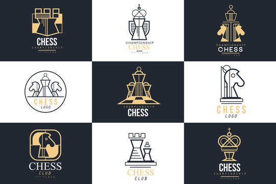 Chess logo set, design element for championship, tournament, chess club, business card, vlack and white vector Illustration