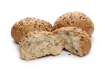 Bread with sesame, burger buns isolated on white background