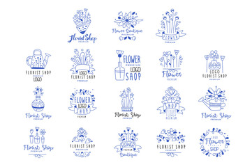 Fototapeta na wymiar Florist shop logo premium set, flower boutique badges hand drawn vector Illustrations in blue colors on a white background