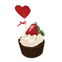Chocolate Strawberry Cupcake  and red heart. Holiday. Sweet dessert. Cake, cupcake. 3d realistic vector 