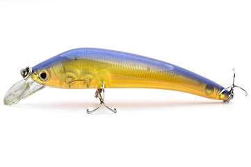 Bait for fishing wobbler with hooks on a white background