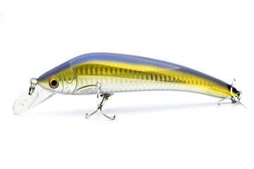 Bait for fishing wobbler with hooks on a white background