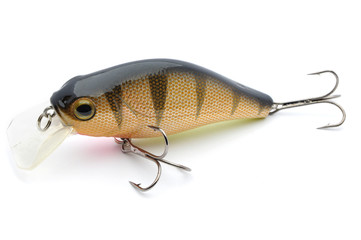 Bait for fishing wobbler with hooks on a white background