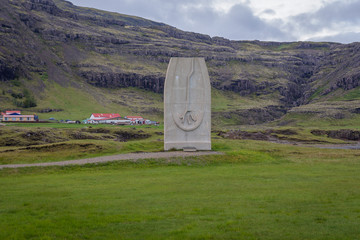 Jon Eiriksson Monument near small village Skalafell in southeastern Iceland - obrazy, fototapety, plakaty