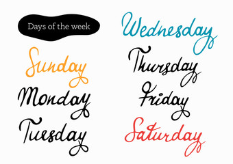 Collection of days of the week names. Inspirational lettering isolated on white background