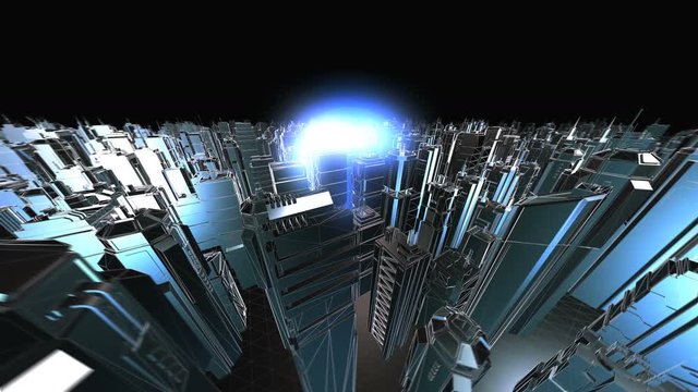 Geometric metal future cityscape. Seamless retro futuristic animation smart city concept 