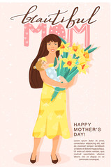 Happy mother’s day greeting card. Beautiful mother with little daughter, flowers and lettering. Mom holds child in her arms. Design for banner, posters, cards etc. Vector illustration.