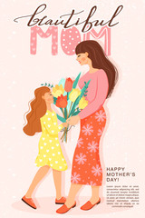Happy mother’s day greeting card. Cute girl giving to his mother bouquet of tulips. Design for banner, posters, cards etc. Vector illustration.