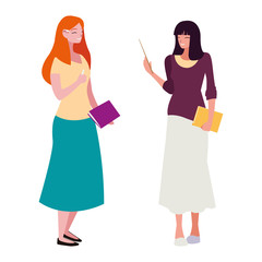 female teachers couple with textbooks characters