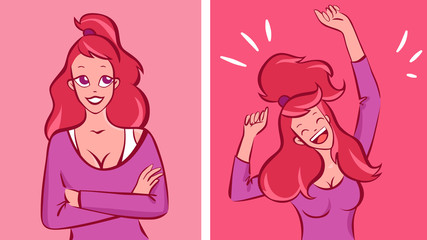 Redhead woman with ponytail feels calm and then very happy illustrations