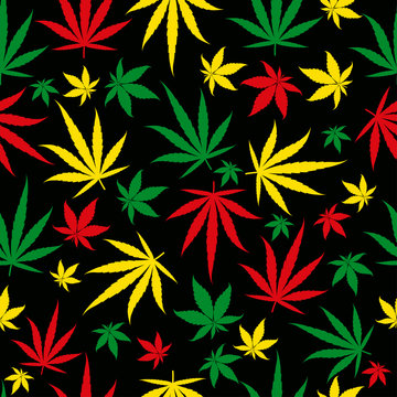 Rasta pattern. Reggae colour jamaican ornament. Marijuana seamless background. Rastafarian cannabis hemp template fill. Vector flat square clipart.