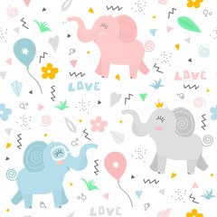 Obraz na płótnie Canvas Cute pattern with happy elephants. The gentle and light pattern is ideal for greeting cards, children's textiles, decorating children's rooms and more 