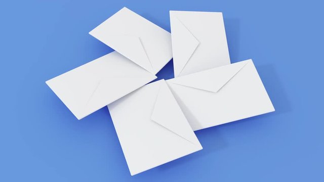 3d render animation of 5 postal letter rotating on different color surface. 4k seamless loop footage. 