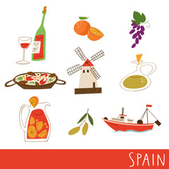 Vector symbols of Spain culture, food and archtecture. 