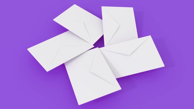 3d render animation of 5 postal letter rotating on different color surface. 4k seamless loop footage. 