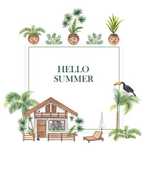  Watercolor illustration. Square frame with toucan, potted plants and bungalows on a white background.