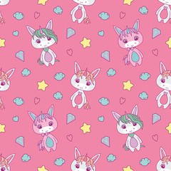 Cute seamless pattern for children with chubby white cartoon unicorns, stars, hearts, diamonds and clouds on pink background 