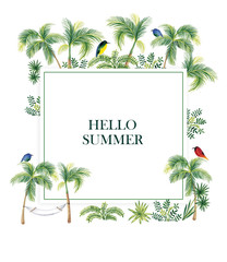  Watercolor illustration. Square frame with hammock, palm trees and tropical birds on a white background. Beautiful frame for your text.