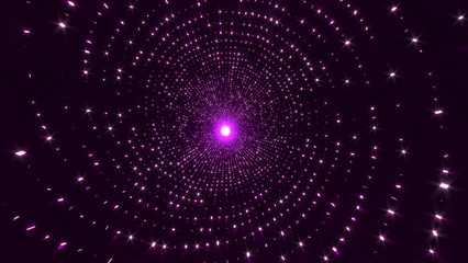 Abstract tunnel, glowing particles, retro background, light on the horizon