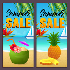 Summer sale letterings set, coconut drink and pineapple on beach. Tourism, summer offer or shopping design. Handwritten and typed text, calligraphy. For leaflets, invitations, posters or banners.