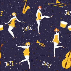 Retro style music vector dance seamless pattern with dancing women