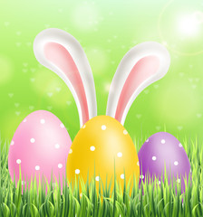 Easter colorful eggs on green grass background Vector realistic. Spring holiday banner. 3d detailed poster templates
