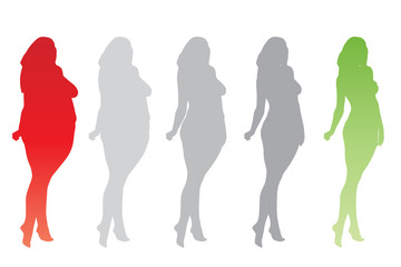 Vector conceptual fat overweight obese female vs slim fit healthy body after weight loss or diet with muscles thin young woman isolated. Fitness, nutrition or fatness obesity, health silhouette shape