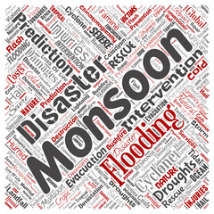 Vector conceptual monsoon dangerous weather square red meteorology word cloud isolated background. Collage of tropical dramatic storm force, strong wind blowing, rain hail thunderstorm concept design