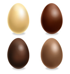 Chocolate eggs set Vector realistic. White, Milk chocolate and dark chocolate. 3d detailed poster or label collections