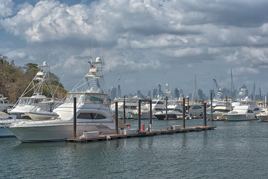 panama skyline of the city from the marina of perico island at the amador causeway