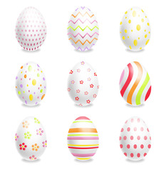 White Easter eggs set with ornaments Vector realistic. Spring holiday banner. 3d detailed poster templates