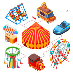 Amusement park and circus isometric vector concept. Illustration of amusement carnival, circus isometric festival © MicroOne