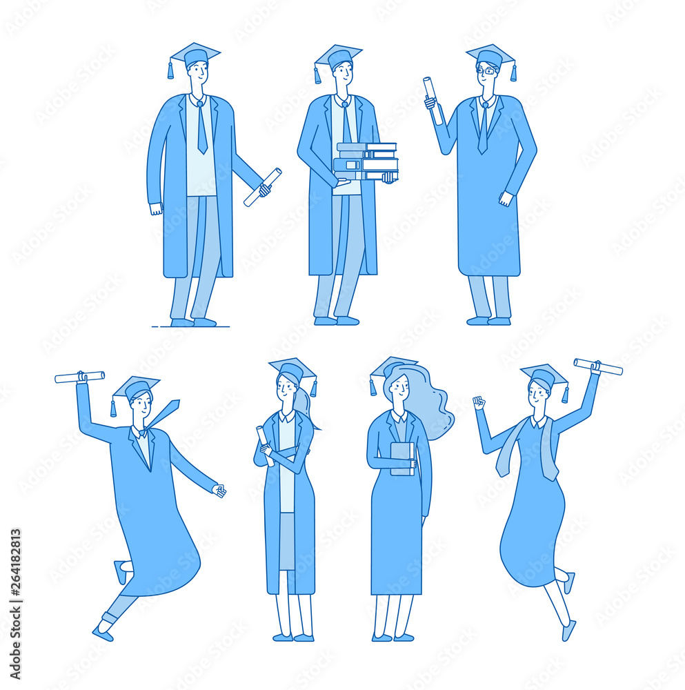 Wall mural graduate students character. student group graduates high school graduated young male female in acad