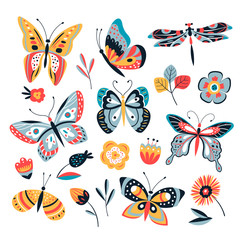 Color drawing butterfly. Butterflies moth and flowers. Vintage insects vector collection. Illustration of insect and butterfly summer