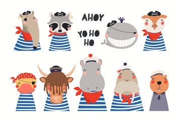 Big set of cute nautical animals in sailors, pirates costumes. Isolated objects on white background. Hand drawn vector illustration. Scandinavian style flat design. Concept for children print.