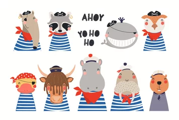 Blackout curtains Illustrations Big set of cute nautical animals in sailors, pirates costumes. Isolated objects on white background. Hand drawn vector illustration. Scandinavian style flat design. Concept for children print.