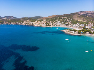 Naklejka na ściany i meble Aerial view, view of Peguera with hotels and beaches, Costa de la Calma, Caliva region, Mallorca, Balearic Islands, Spain