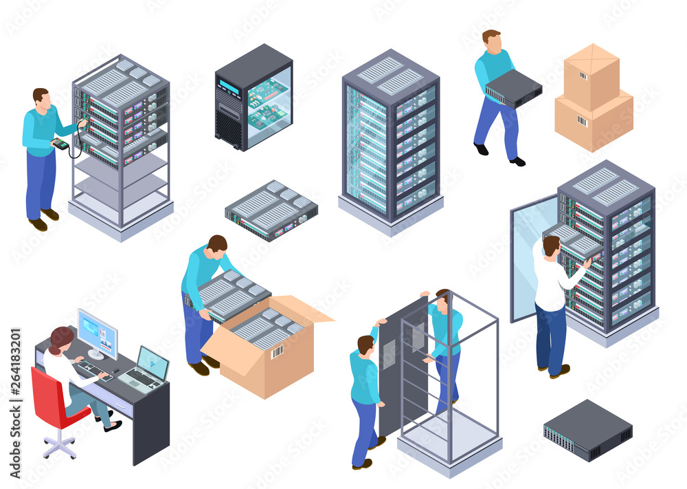 Poster server room isometric. information technology server engineer, telecommunication cloud servers, comp