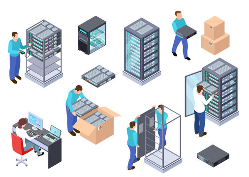 Server Room Isometric. Information Technology Server Engineer, Telecommunication Cloud Servers, Computers And Employees Vector 3d Set. Illustration Of Room Server Center, Hardware Cloud Database