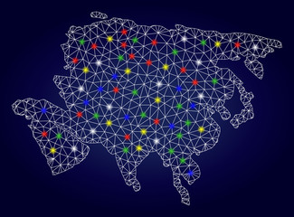 Bright mesh vector Asia map with glare light spots. Mesh model for patriotic purposes. Abstract lines, dots, glare spots are organized into Asia map. Dark blue gradiented background.