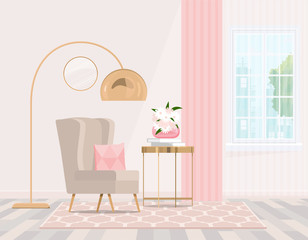Beige chair by the window with pink curtains in a bright interior. Vector graphics.